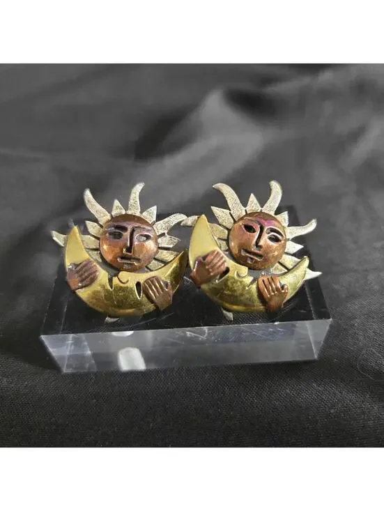 Vintage Taxco Sterling Silver Sun Moon Face Earrings Mixed Metal 925 Copper - Picture 2 of 8